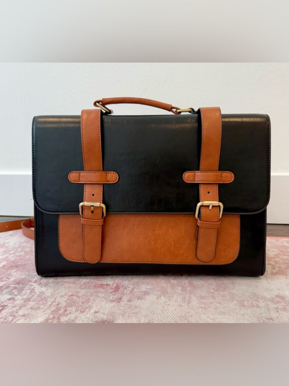 Black and Brown Leather Brief Backpack - Picture 5 of 6